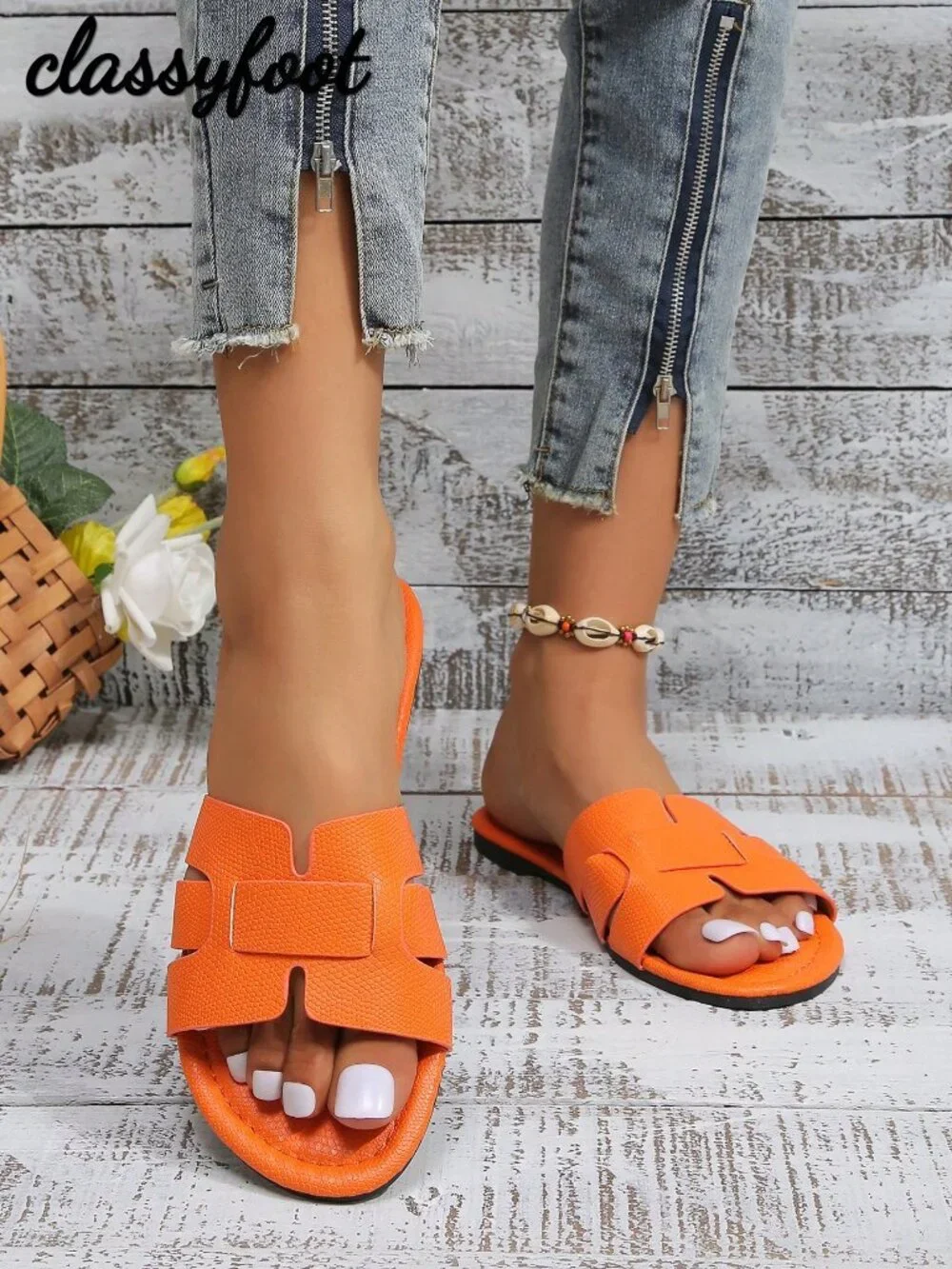 Orange Beach Women's Snake Skin Pattern Flat Sandals